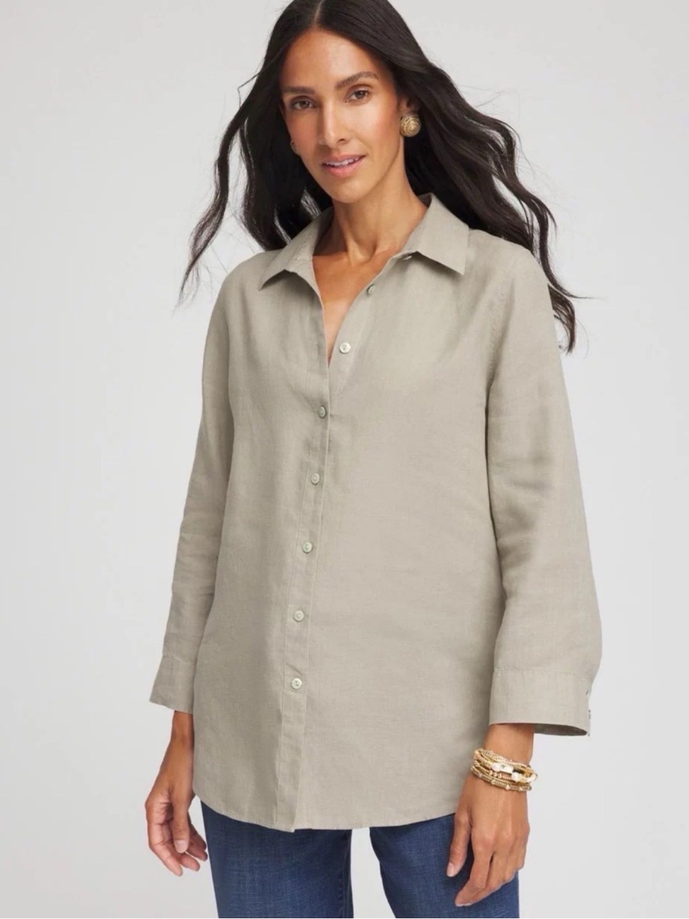Chico's Size 3 No-Iron Linen Tunic Shirt 3/4 Sleeves Beige XL 16